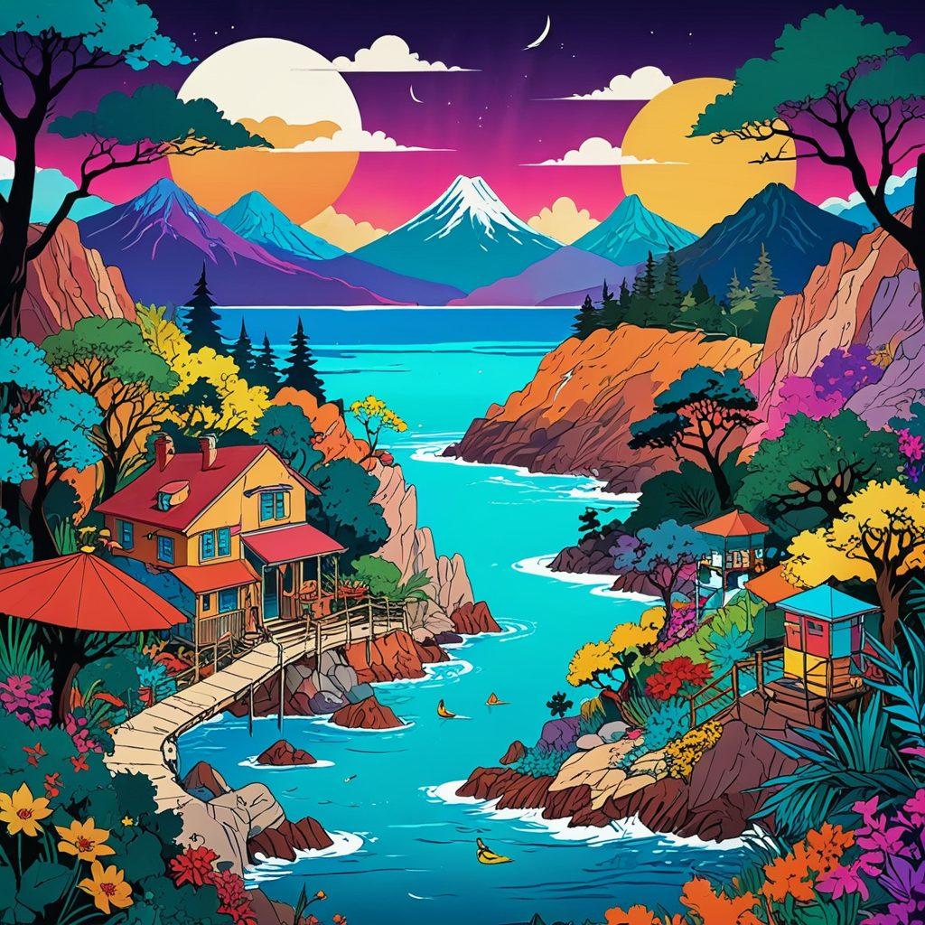 A dynamic collage featuring various styles of adult animation, highlighting elements from hentai to explicit material. Include vibrant character designs, whimsical backgrounds, and scenes that suggest adventures within the genre, while ensuring an artistic portrayal that respects the subject. Emphasize the contrast between playful and mature themes for depth. colorful, vector art, bold lines.