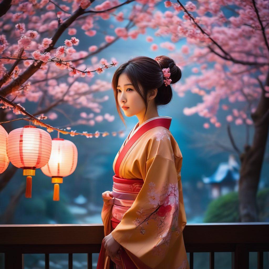 A captivating collage featuring traditional Japanese elements like cherry blossoms and paper lanterns alongside stylized representations of anime characters in diverse adult scenarios. Incorporate a mysterious, dreamlike atmosphere with soft lighting and muted colors that evoke a sense of exploration and intrigue. Slightly blurred edges to enhance the secretive vibe. anime-inspired. vibrant colors. soft focus.