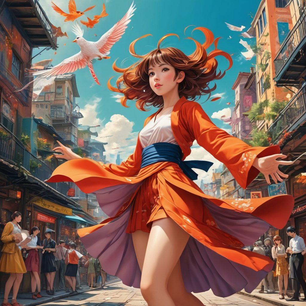 A captivating collage showcasing vibrant scenes from various anime and manga styles, interlaced with dynamic characters expressing emotion and depth. Include subtle elements of adult animation, like suggestive poses and playful whirling patterns that add excitement. Use bold, eye-catching colors to draw attention and create a cohesive fantasy atmosphere. The background should be whimsical, perhaps a playful mix of urban and fantastical landscapes. super-realistic. vibrant colors. dynamic composition.